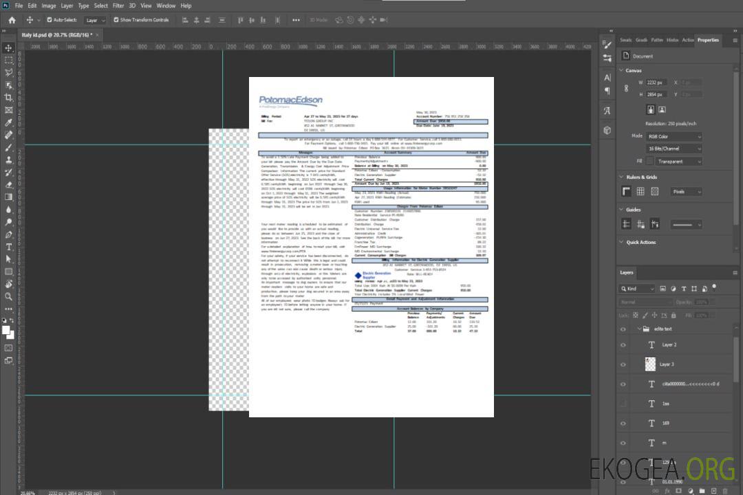 Facture commerciale de service public de Potomac Edison, page 1, SCR template